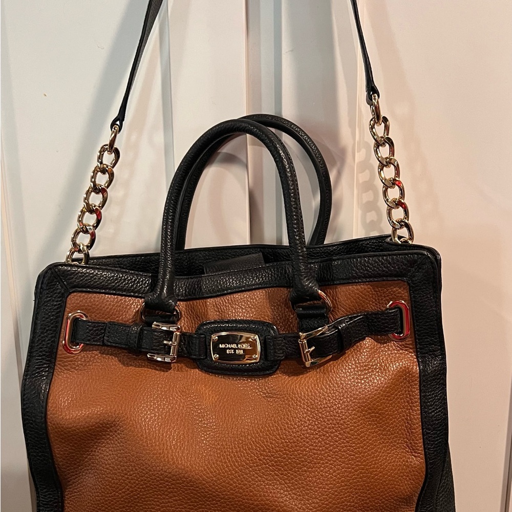 Michael Kors Large Leather Satchel Brown Black Gold Hardware Tote Bag - Picture 7 of 9